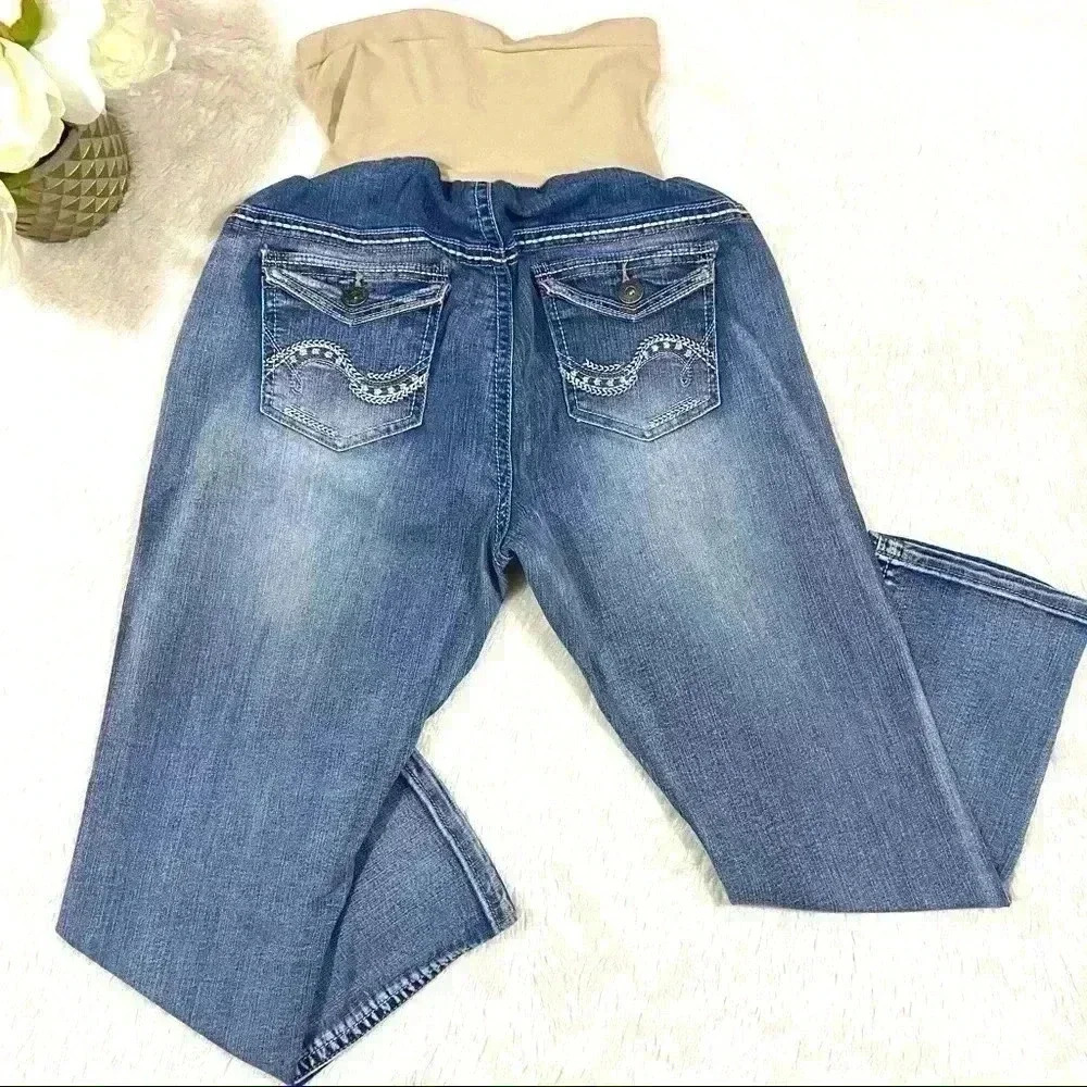 Indigo Blue Secret Fit Belly Flap Picket Stretch Western Maternity Crop Jeans L - Picture 2 of 16